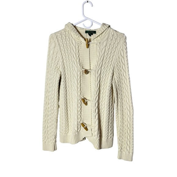 Ralph Lauren LRL Womens Fisherman Cardigan Hooodie Large Preppy Old Money Ivory - Picture 1 of 6